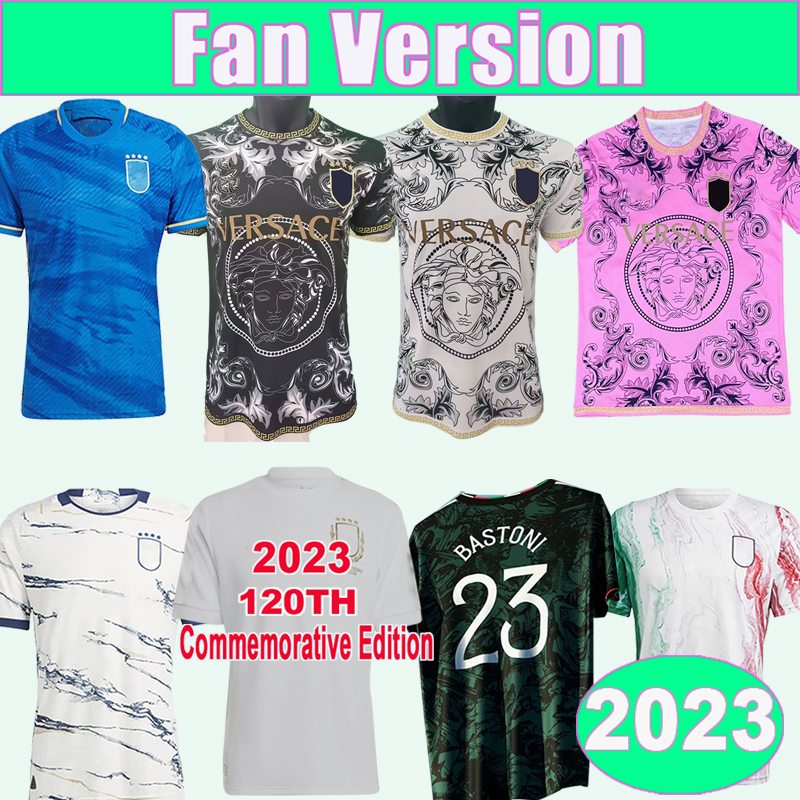 

2023 Italy National Team Mens Soccer Jerseys 125th Anniversary VERRATTI PINAMONTI TOTTI CHIESA BARELLA BONUCCI Home Away Special Edition Football Shirts, Qm3359 2023 away champio badge