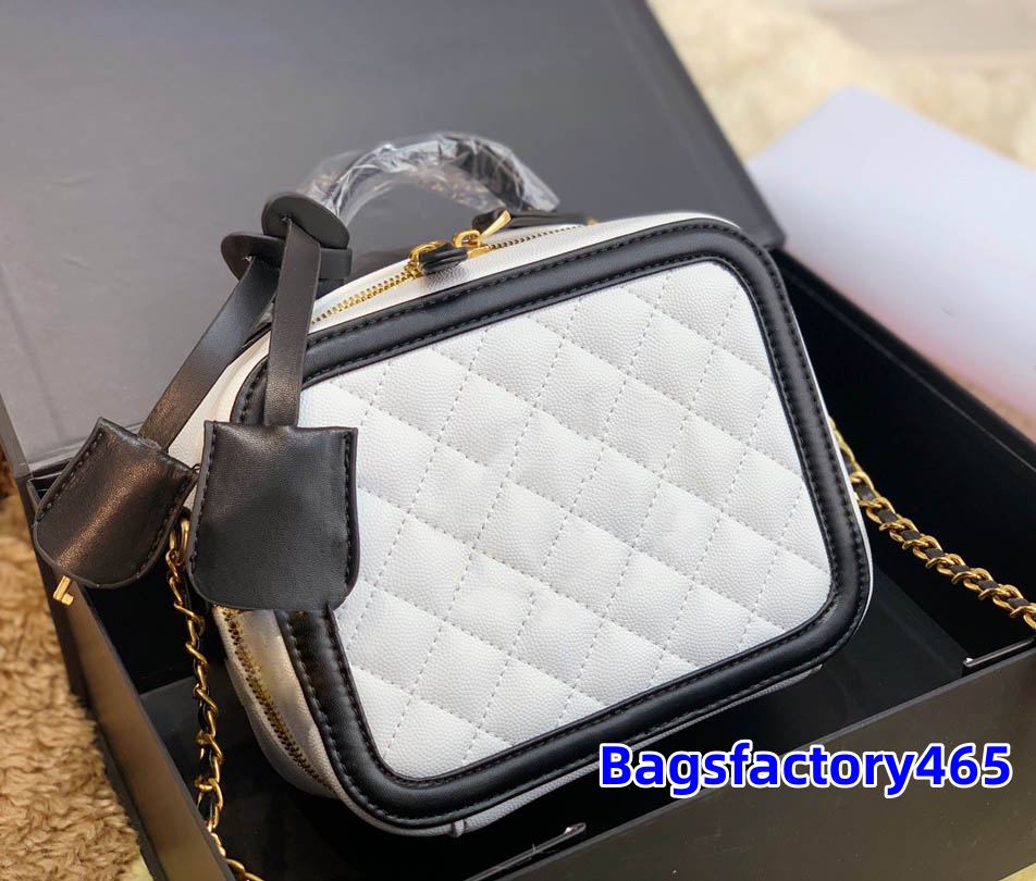 

Wholesale Classic Filigree Vanity Case Totes Bag Caviar Calfskin Leather Luxury designer Quilted Plaid Gold Metal bags Chain Double Zipper Crossbody cosmetic bags, Black