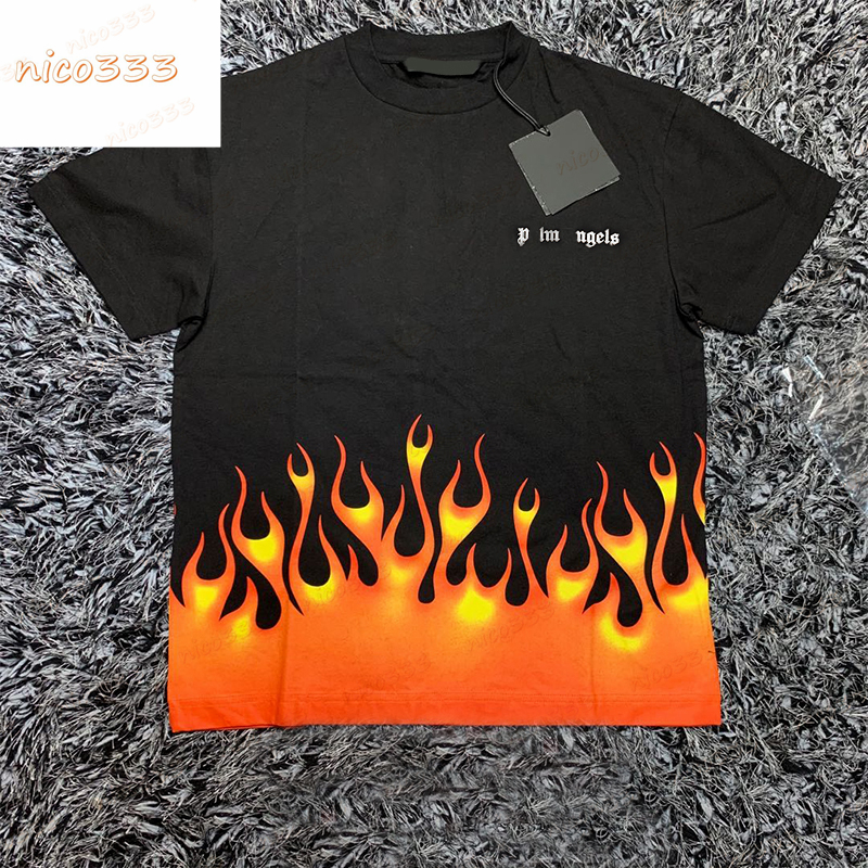 

23ss New t shirt flame letters cotton loose round neck black and white street hundred with men and women trendy short sleeve, #02