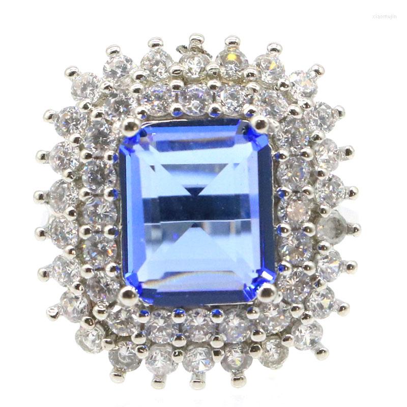

Cluster Rings 21x18mm Princess Cut 5.4g Rich Blue Violet Tanzanite CZ Women Daily Wear Silver