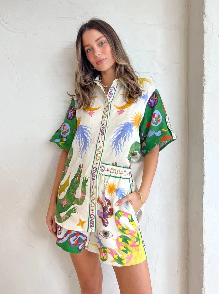 

Two Piece Dress 2023 Australian fashion designer design top and shorts ramie fabric open-mold customized flower button two-piece set, Multi