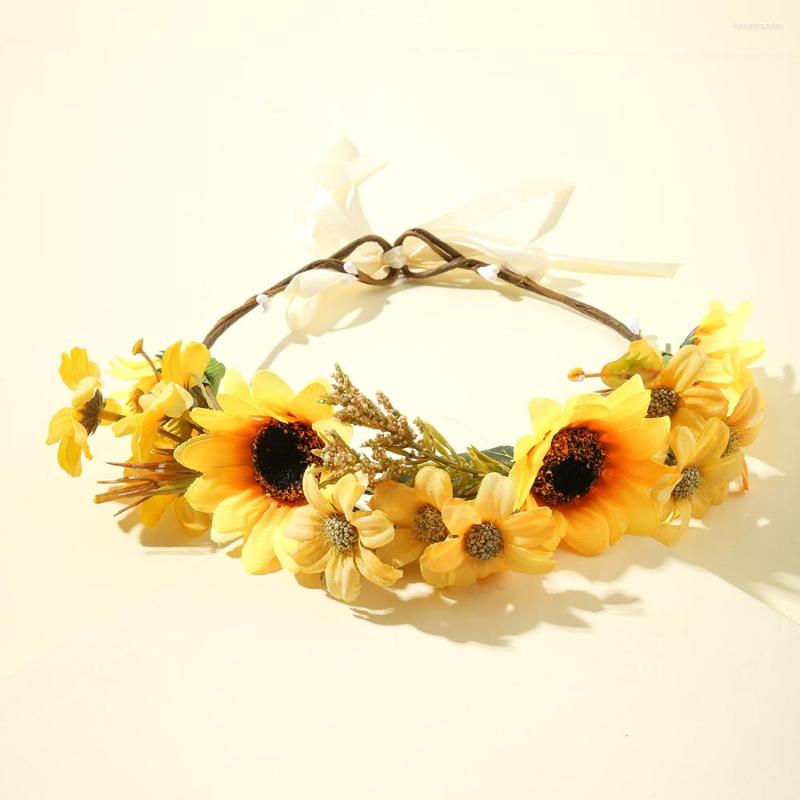 

Decorative Flowers Small Sunflower Flower Crown Wreath Girls Headband Wedding Hair Accessories Headdress Women Floral Garland Bridal