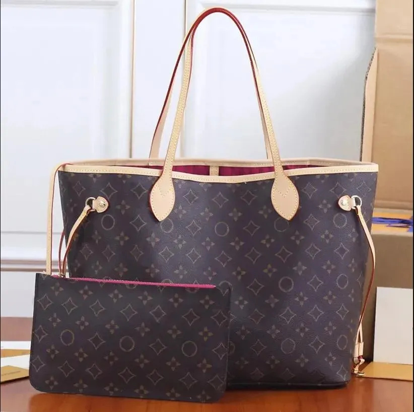 

40156 2pcs set Classic Shopping Bags Nevefull Shoulder Crossbody Bag Women PU leather handbag ladies designer handbags lady clutch purse retro shoulders bag, #2brown flower+pink inside