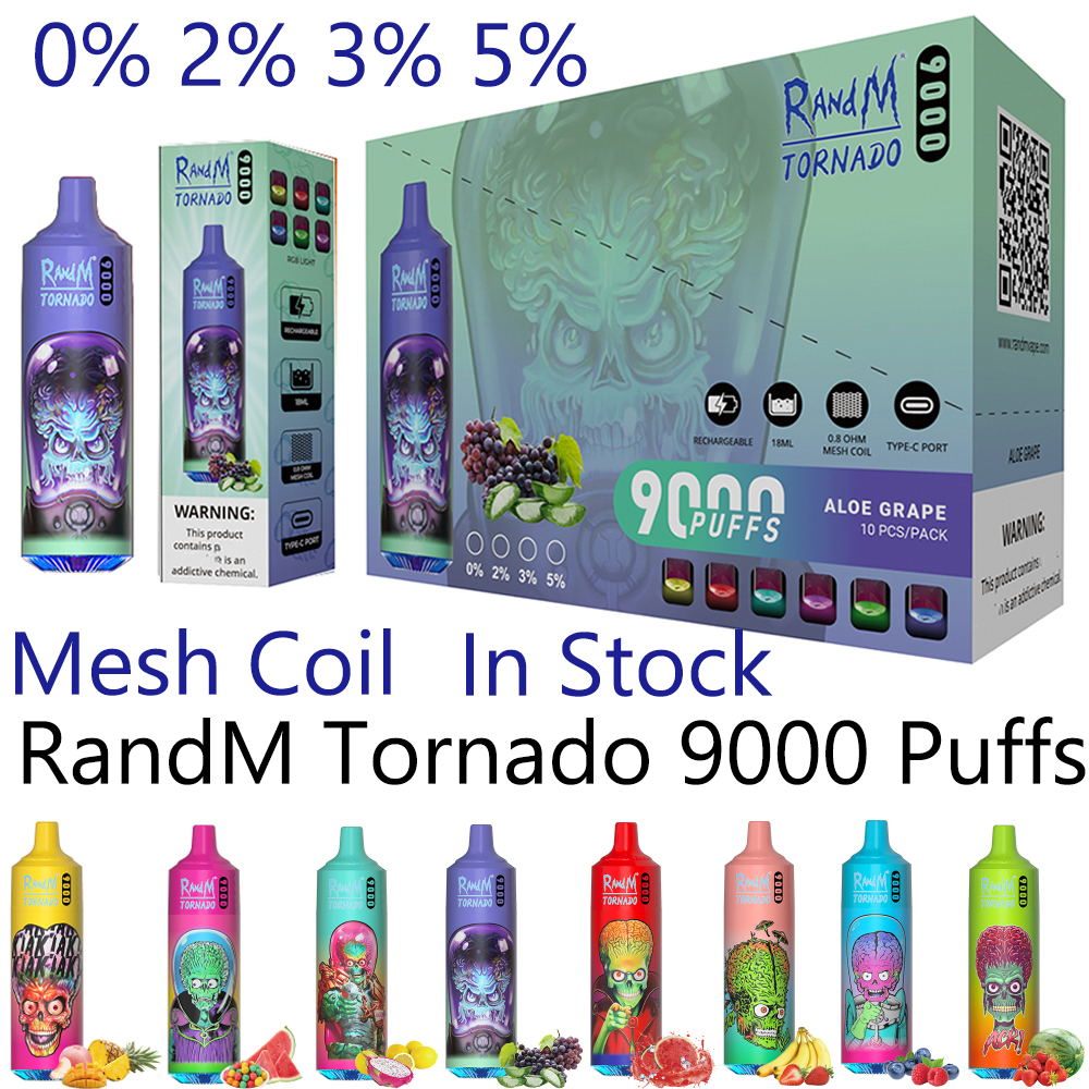 

Original RandM Tornado 9000 Puffs E-cigarettes Vape Disposable Vapes 0% 2% 18ml Mesh Coil Pod 850mah Rechargeable Battery 3% 5% Puff 9k E Cigs Pen Desechable