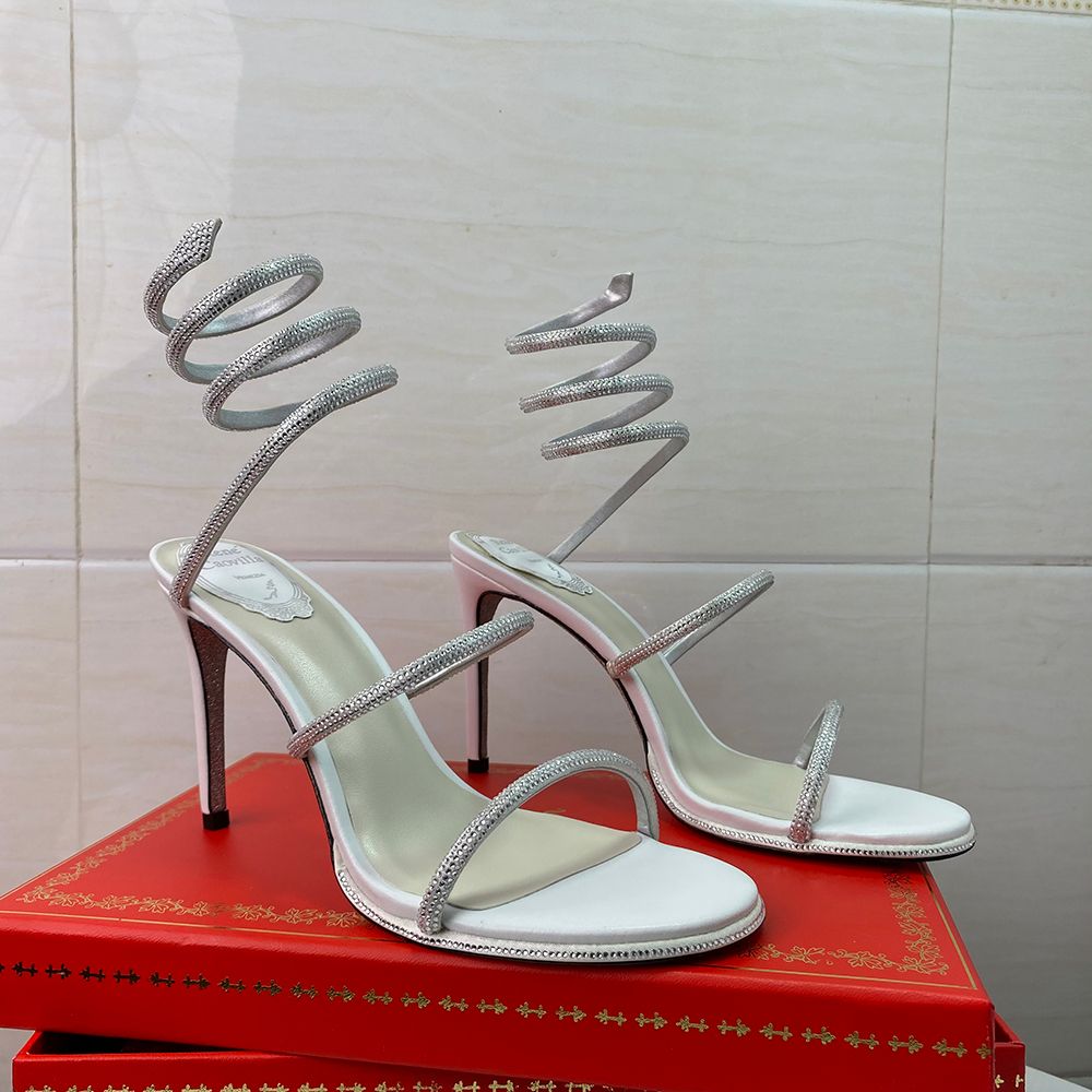 

Rhinestone Snake Strass stiletto sandals Rene Caovilla Cleo 95mm Evening shoes women's high heels Ankle Wraparound luxury designer factory shoe With box, 18#