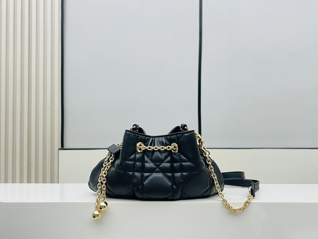 

7A Designer Dior Lucky Bag Genuine Leather Women Drawstring Bucket, Black