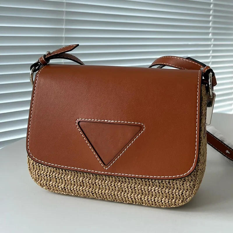 

Straw Women Beach Shoulder Designer Bags Fashion Crossbody Small Purses Crochet Knitting Handbags Letter with Genuine Leather, Black