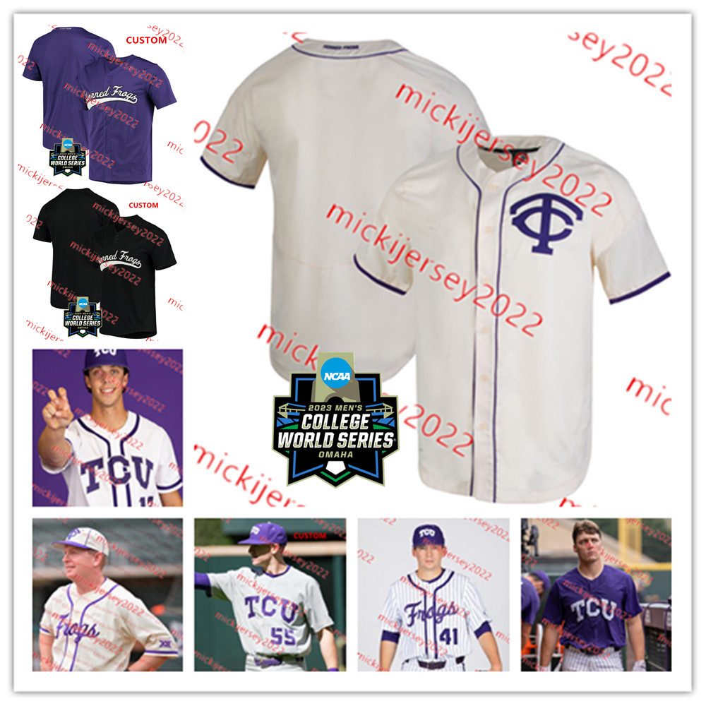 

TCU 2023 CWS Baseball Jersey Custom Stitched Mens Youth Sam Stoutenborough Ben Abeldt Cohen Feser Chase Hoover Jax Traeger Justin Hackett TCU Horned Frogs Jerseys, White + 2023 cws patch