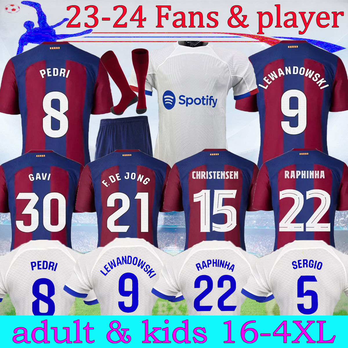 

16-4XL 23 24 barcelona soccer jerseys ANSU FATI FERRAN 2023 home away fans player LEWANDOWSKI R. ARAUJO PEDRI O. DEMBELE F. DE JONG Raphinha kit shirt men kids sets socks, 23-24 home player