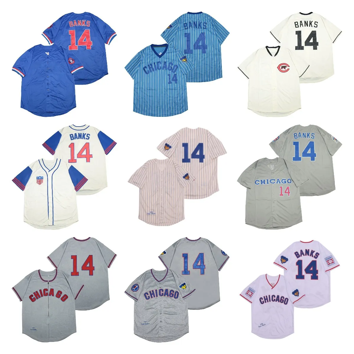 

14 Ernie Banks Baseball Jerseys Vintage 1942 1957 1968 1969 1994 Home Away Blue Cream Grey White Pullover Button Stitched Jersey, 14 white 1968