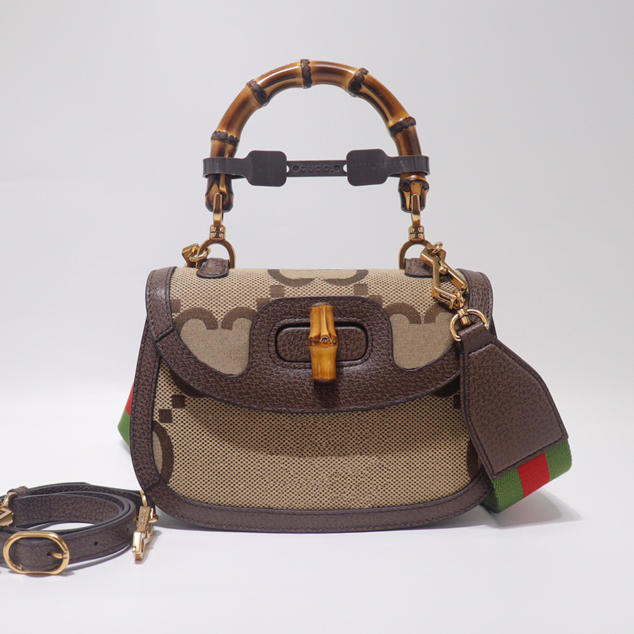

Bamboo Tote Handbag Crossbody Shoulder Bag Genuine Leather Bamboo Handle Knot Hasp Large Capacity Pocket Two Detachable Straps Red Green Ribbon, Brwon