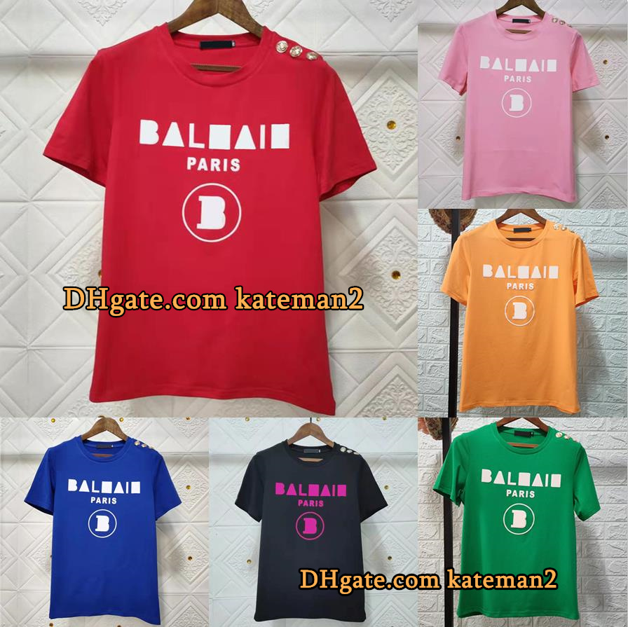 

Womens T shirts Flocking letter Decoration Shoulder button decoration Eur Size XS- Summer womens round neck Tees Multiple Colors Designer T-shirt streetwear, Light yellow