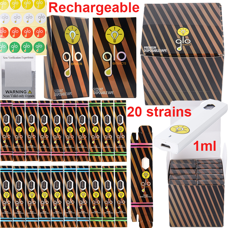 

GLO Extracts Rechargeable Disposables Vapes Pens E cigarettes Empty 1.0ml 280MAH Thick Oil Tank 20strains Premium Disposable Device Pods With Starter Kits