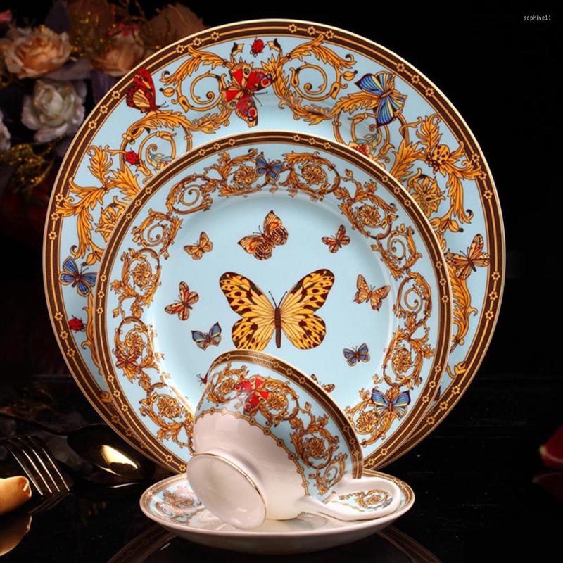 

Plates Ceramic Dinner Plate Tableware Bone China Set Porcelain Dessert Tray Steak Snack Cake Butterfly Pattern, 8 inch plate