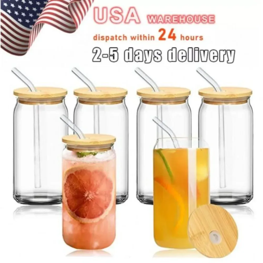 

US CA warehouse 12oz 16oz Sublimation Glass Beer Mugs with Bamboo Lid Straw DIY Blanks Frosted Clear Can Shaped Tumblers Cups Heat Cocktail Iced Coffee Soda G0616, Custom