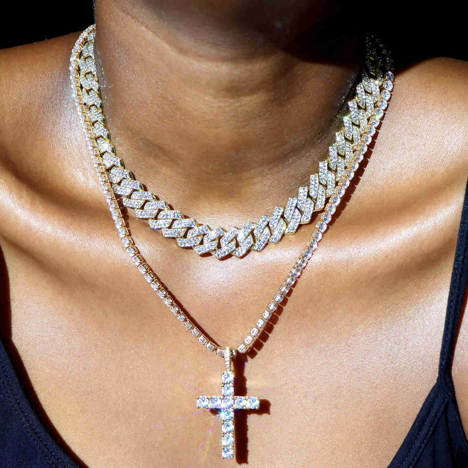 Pendant Necklaces 2pcs Set Cuban Chain Necklace with Cz Tennis Cross for Women Bling Iced Out Miami Link Hip Hop Men Jewelry 230613
