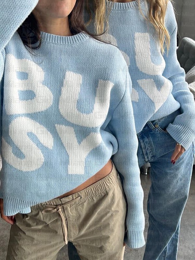 

Women's Sweater BUSY Letter retro Winter Warm Oneck loose Pullover Jumper Female Vintage Long Sleeve Knitwear 230615, Sky blue