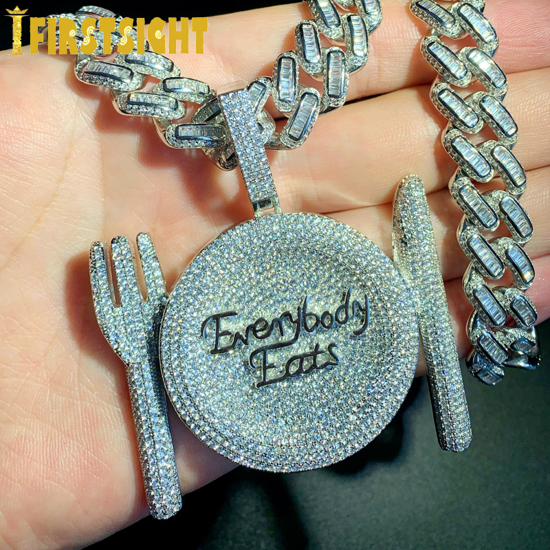 Charms Iced Out Bling CZ Letters Everybody Eats Pendant Necklace Zircon Tableware Charm Necklace Mens Women Hip Hop Jewelry 230615
