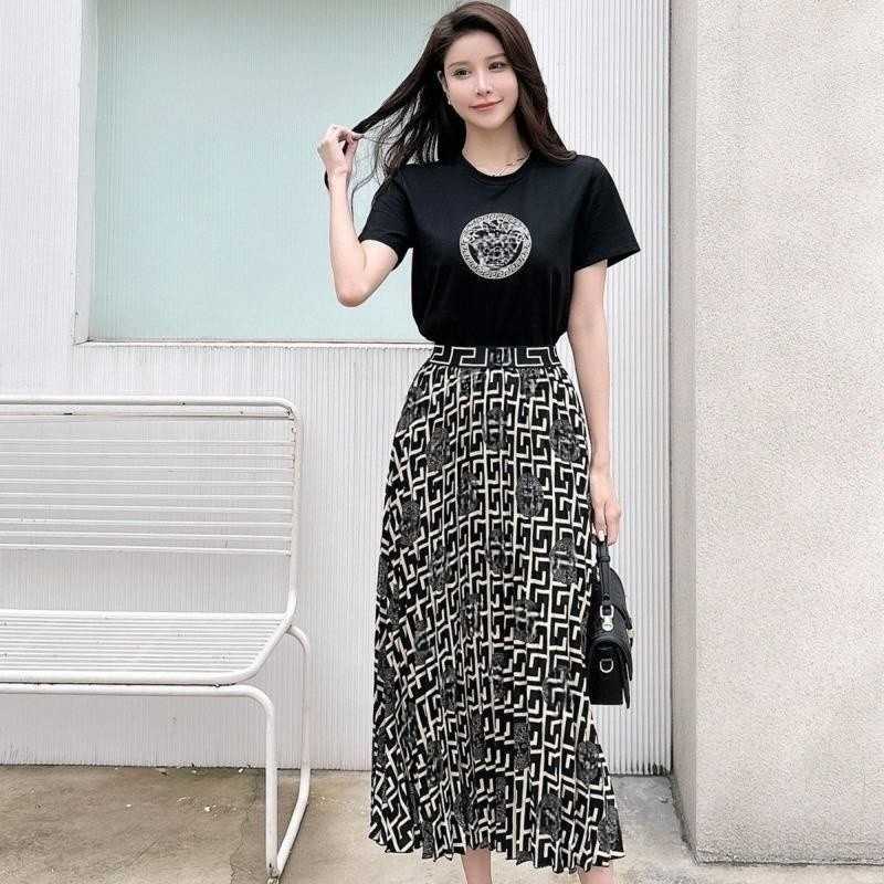 Womens clothing designer set skirt 23ss heavy letter badge embroidery T shirt suit cotton t shirt long Skirt suit two pieces-image-877114202
