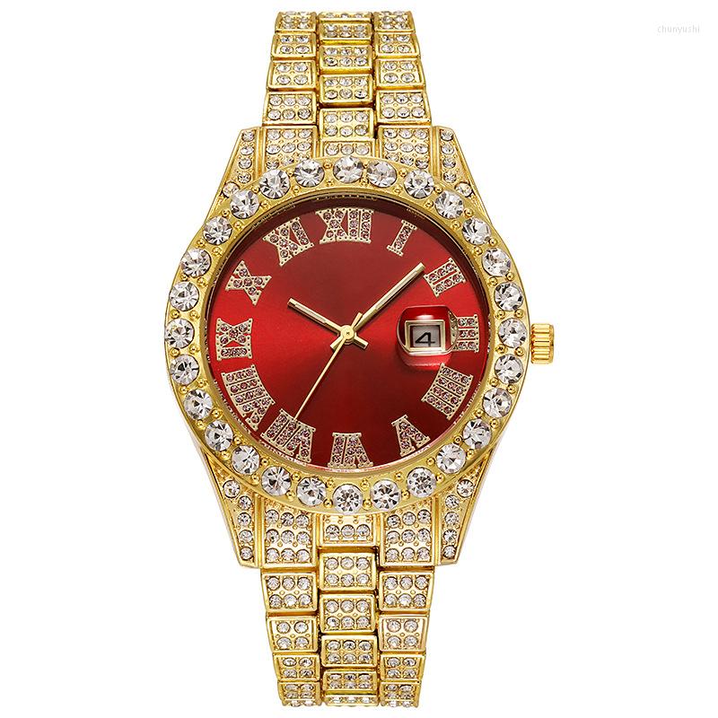 

Wristwatches Men's Steel Band Roman Scale Diamond Encrusted Calendar Quartz Watch Whatches For Men Digital Watches, Silver red