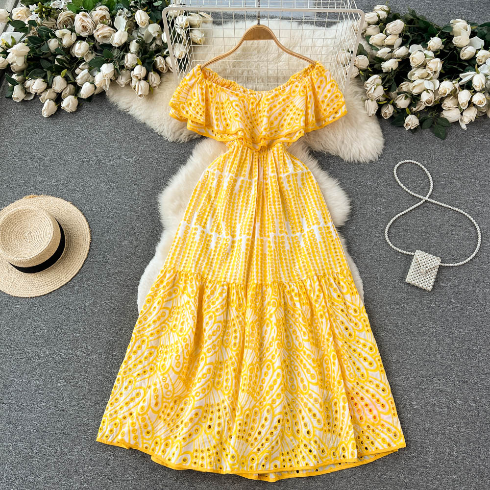 

2023 Casual Dresses Runway Designer Hollow Out Embroidery Long Dress for Women Summer Slash Neck Vintage Vacation Vestidos Elegant Robe, Same as picture