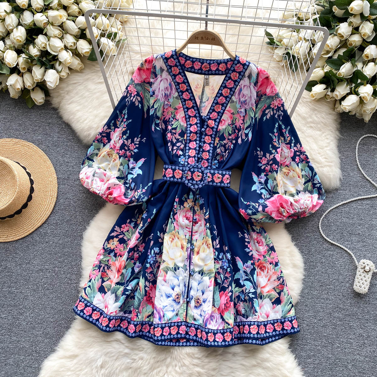 

Runway Dresses Women Spring Summer Flower Beach Dress Runway V-Neck Lantern Sleeve Buttons Down Belt High Waist A-Line Mini Short Dress 2023, Same as picture