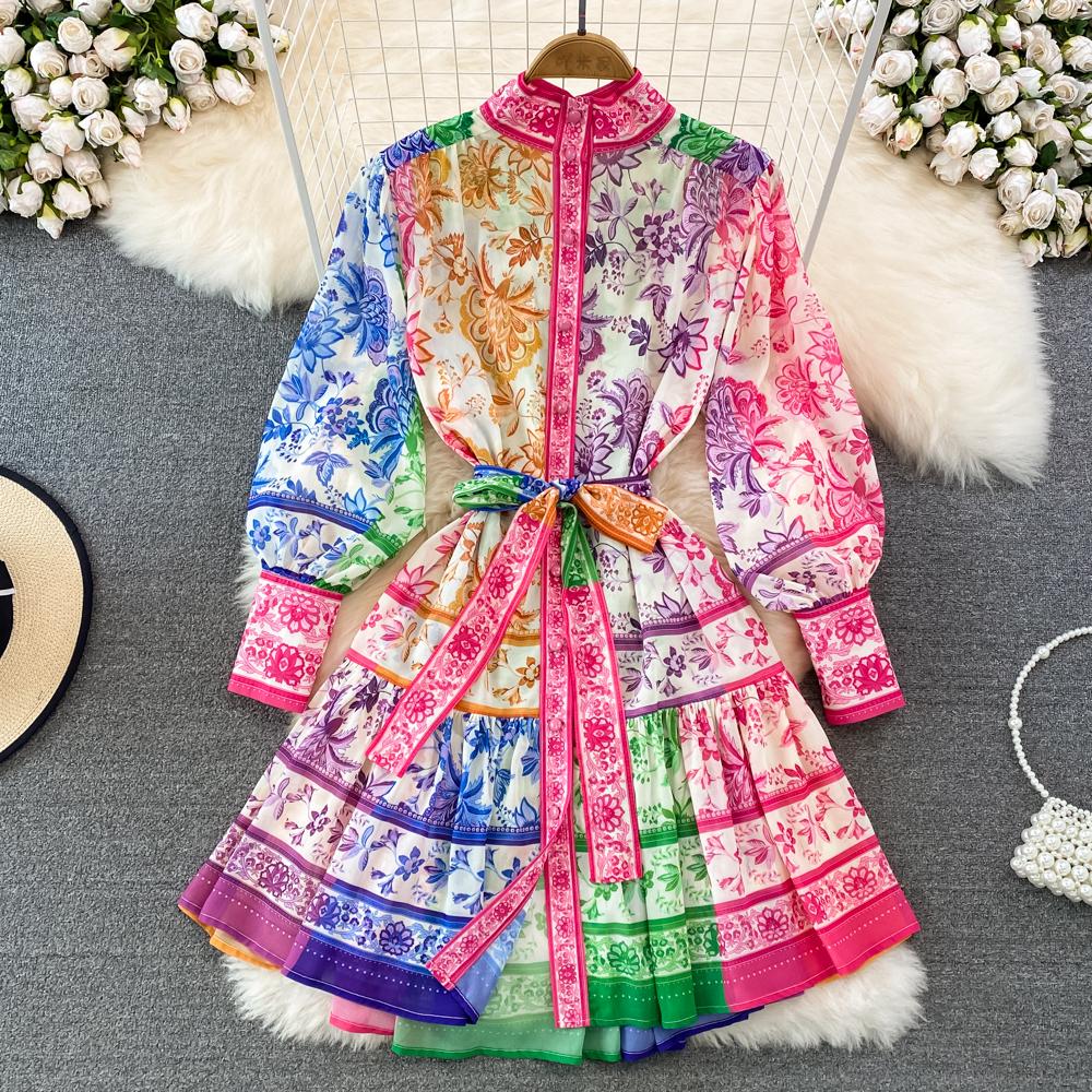 

Urban Sexy Dresses Runway Spring Summer Holiday Short Dress Women Clothing Turleneck Long Lantern Sleeve Flower Print Belted Mini Party Vestidos 2023, Black