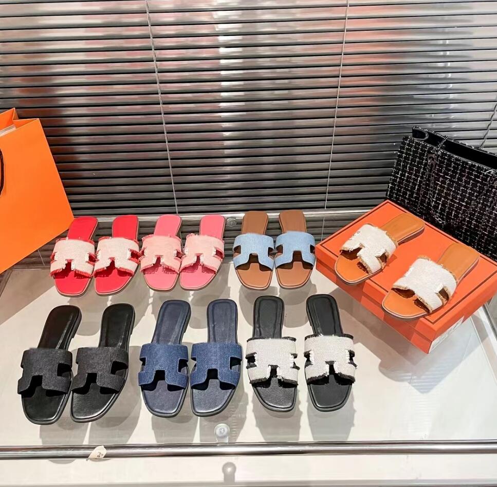 

Tassel Canvas H Slipper Women Classic Cowboy Sandal Designer Leisure Women Flat Bottom Slippers Luxury Brand Summer Outdoor Beach Slippers, Pink canvas