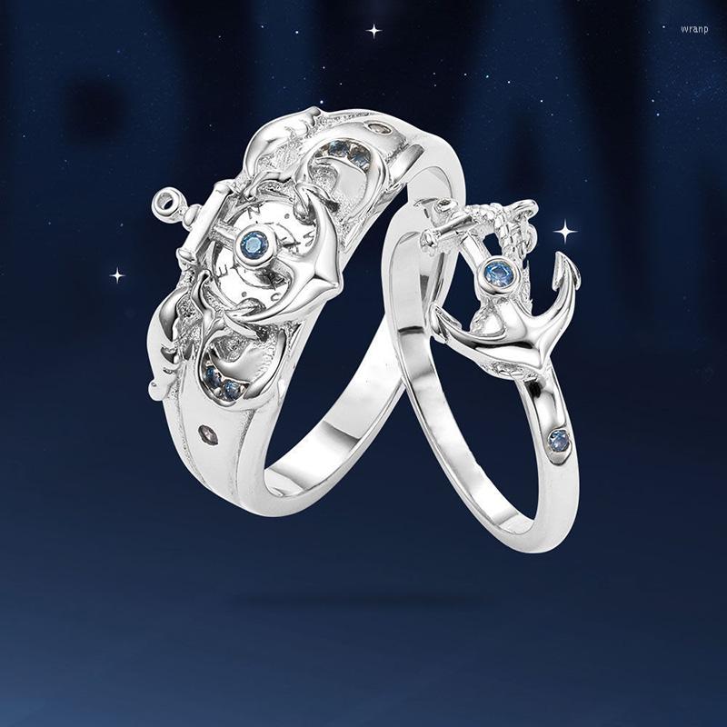 

Cluster Rings Azur Lane Opening Couple Ring For Men Women Silver Color Blue Stone Anchor Hook Adjustable Fans Love Promise Jewelry Gift
