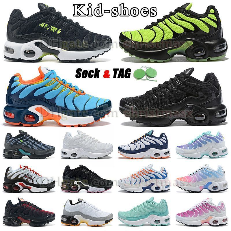 

dhgate hot tn plus kid shoes infant running shoes triple black dark blue orange green red grey pink boys and girls toddler children big size 4y youth outdoor trainers, Tag+extra laces+socks