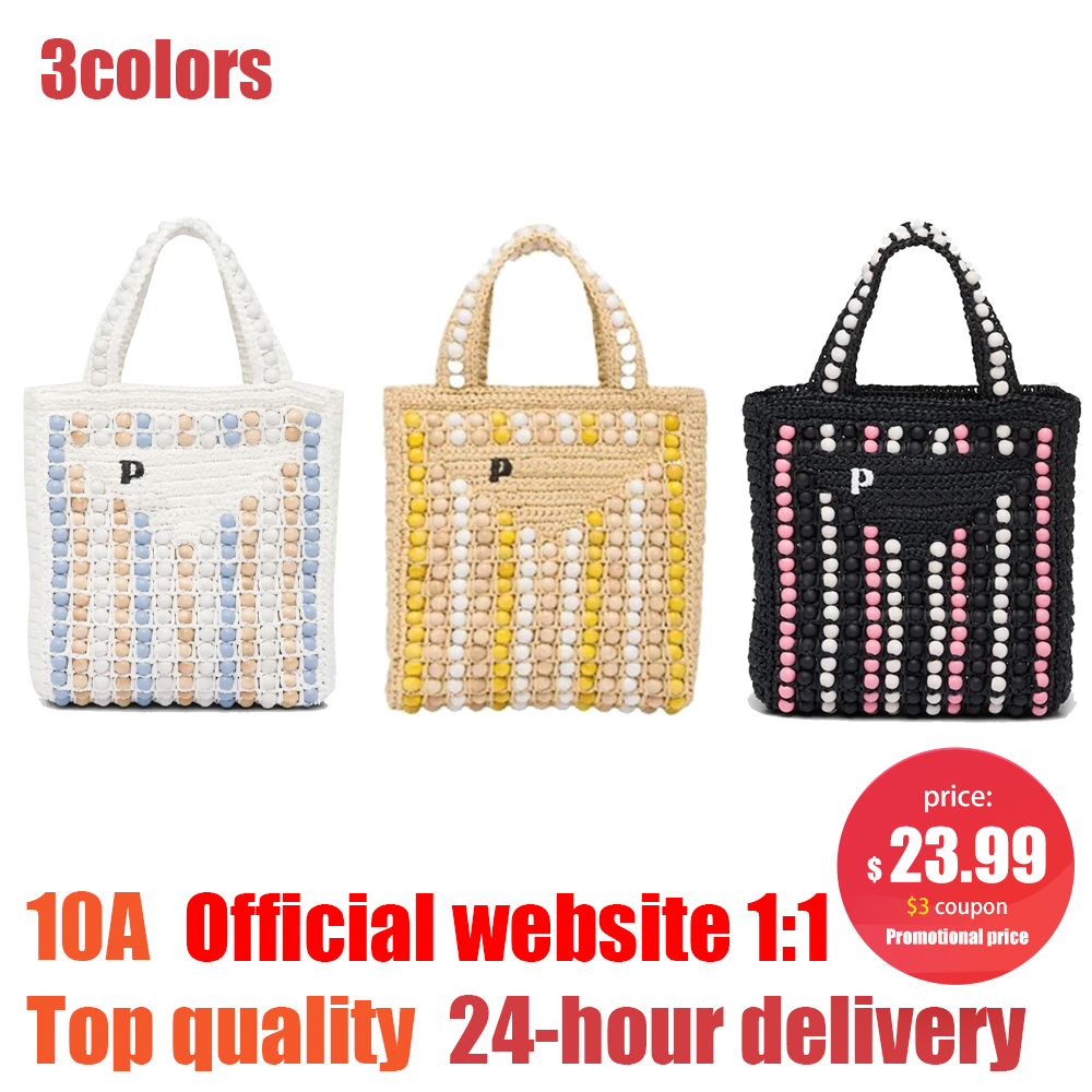 

Wood bead Straw handbag beach bag tote triangle pochette Shoulder mens travel bags Crossbody weave luxurys Designer duffle Womens clutch Raffias weekend hobo purse, Black