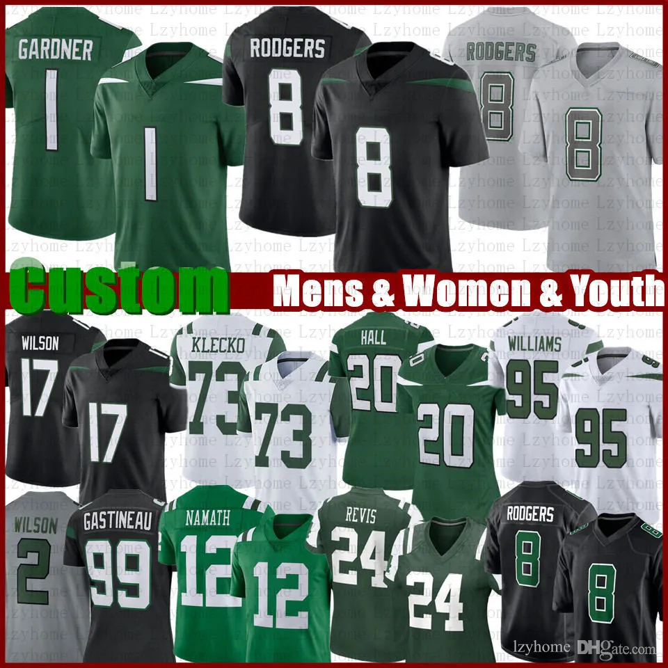 

8 Aaron Rodgers Ahmad Sauce Gardner Custom Football Jerseys Breece Hall Garrett Wilson Quinnen Williams New Yorks Corey Davis Jetes Allen La, Women