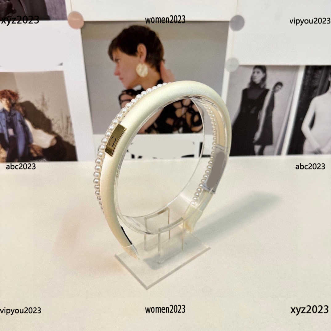 

women Headbands designer Hair Jewelry Shiny gold brand hair band fashion Pearl beading headwear #Including box