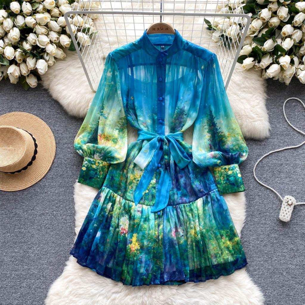 

Casual Dresses Runway Blue Floral Mini Dresses Women Charming Flower Print Chiffon Holiday Stand Collar Long Lantern Sleeve Dress with Belt 2023, Same as picture