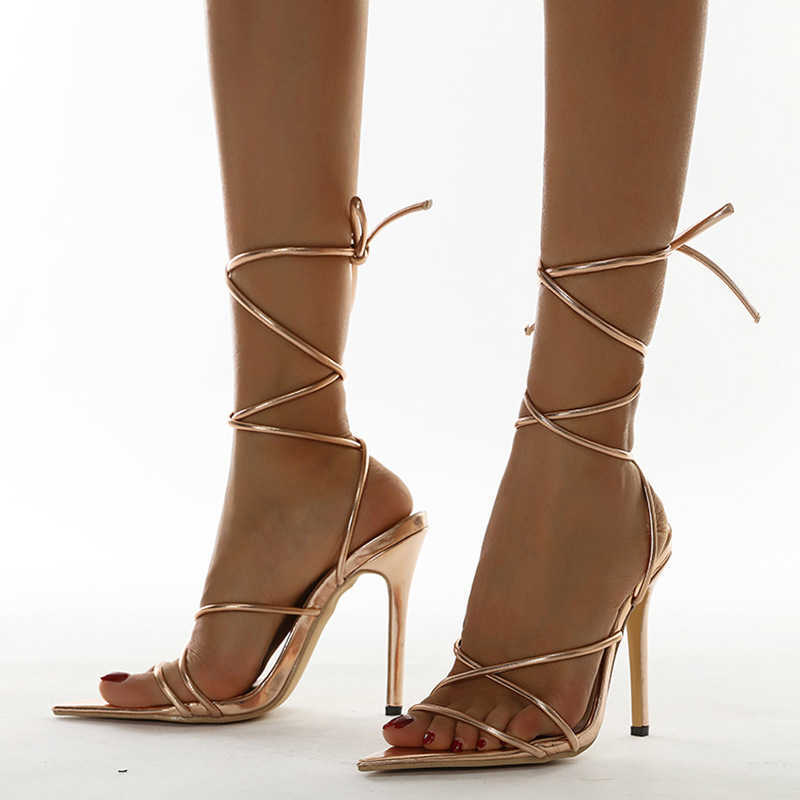 

Sandals High Heel Lace Up Large Slim Female Pointed Caligae Cross Strap, Gold