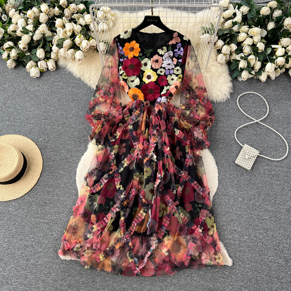 

2023 Casual Dresses French Retro Round Neck Long Sleeved 3D Embroidery Patchwork Mesh Puffy A-line Dress for Women Slim Waist Party Vestidos, Same as picture