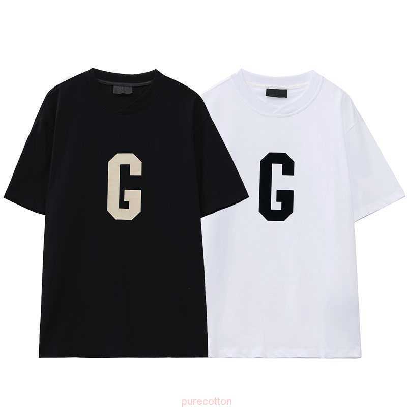 

ESS Tees T-Shirts fashion clothing Fog double thread Mens Womens lovers casual loose round neck letter flocking G-shaped short sleeve T-shirt, White