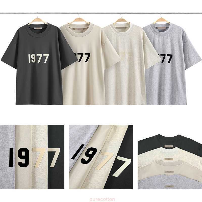

ESS Fog casual breathable pullover oversized crewneck washed cotton 1977 flocking printing T Shirt, Black