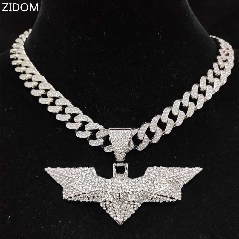

Pendant Necklaces Men Women Hip Hop Bat Shape Necklace with 13mm Crystal Cuban Chain Hiphop Iced Out Bling Fashion Jewelry 230613