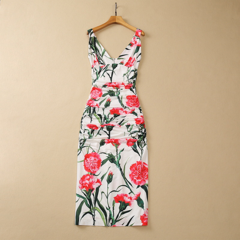 

2023 Summer Carnation Print Ruched Panelled Dress Sleeveless V-Neck Floral Split Midi Casual Dresses S3L150615, Multi