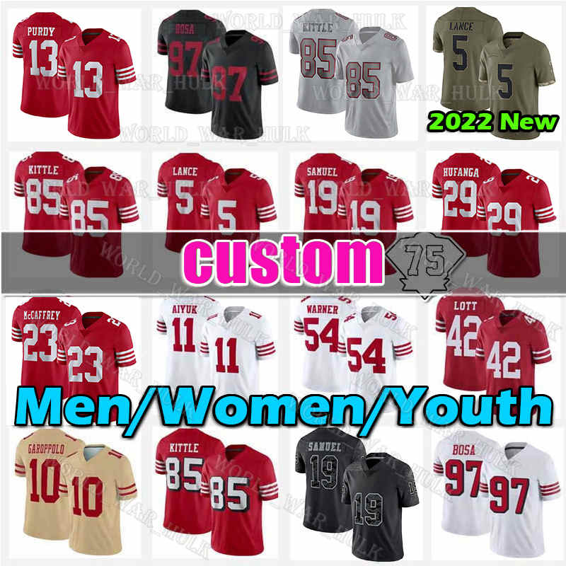 

Niners 13 Brock Purdy Jersey Nick Bosa Football Sam Darnold George Kittle 49ers Christian McCaffrey Samuel Talanoa Hufanga Colin Kaepernick Joe Montana Ronnie Lott, Custom youth jersey(49r)+patch