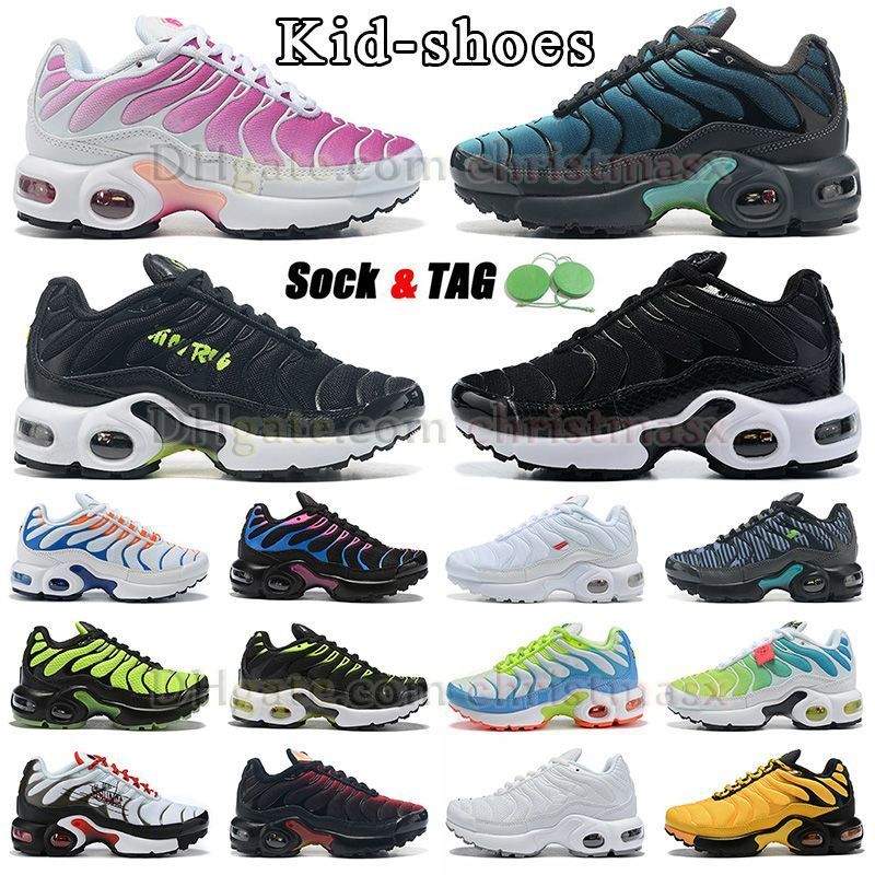 

kids quality running shoes tn plus toddler kid sneaker black white pink orange green dark blue grey boys and girls infant children youth big size 4y outdoor trainers, Tag+extra laces+socks