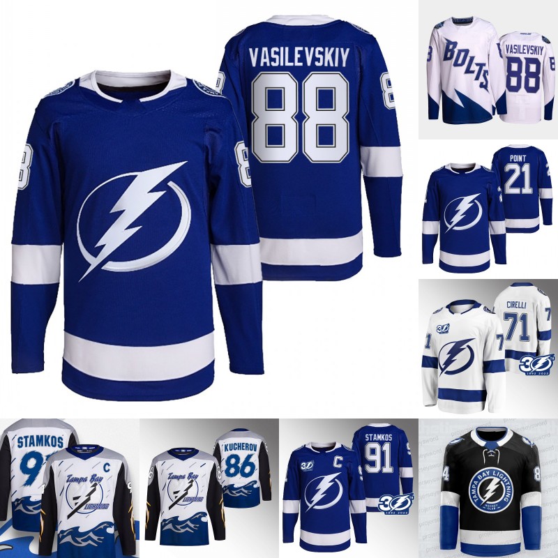 

Tampa Bay Andrei Vasilevskiy Jersey Brayden Point Steven Stamkos Pat Maroon Nikita Kucherov Victor Hedman Mikhail Sergachev Anthony Cirelli Ryan McDonagh Jerseys, Mens blue s-xxxl