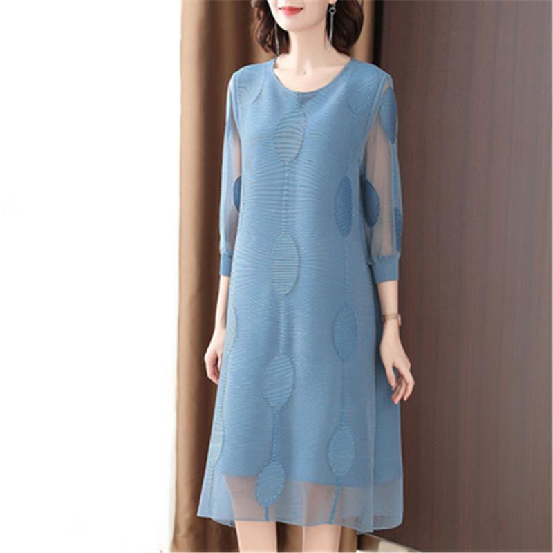 

Dresses Miyake Heavy Industries Beaded Embroidered Dress 2022 Spring New Fashion Cover Belly Age Reduction Loose Large Size Women's, Blue