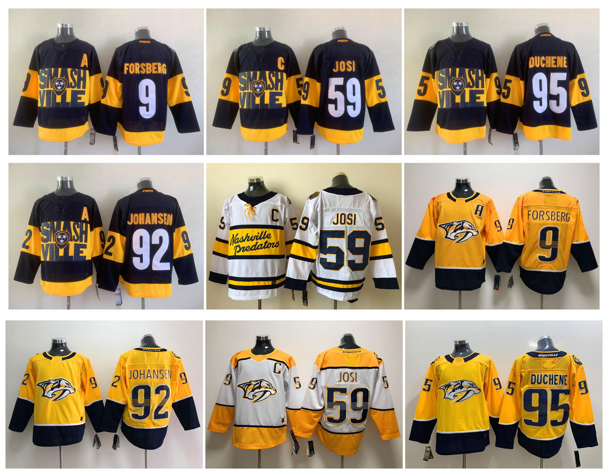 

Predators Roman Josi Hockey Jersey Nashville Matt Duchene Filip Forsberg Ryan Johansen White Blue Yellow Reverse Retro Size S-3XL, As pic