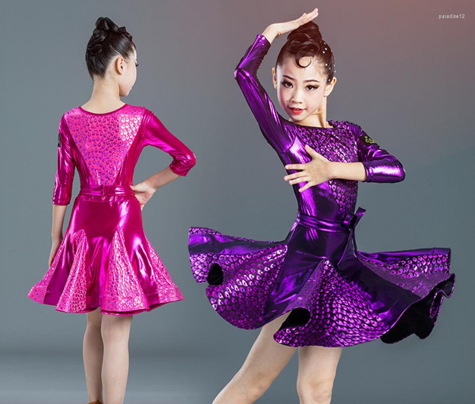 

Stage Wear Kid Purple Elegant Pleated Modern Salsa Latin Ballroom Dance Dresses For Girl Clothes Dancing Competition Costume, Long sleeve5