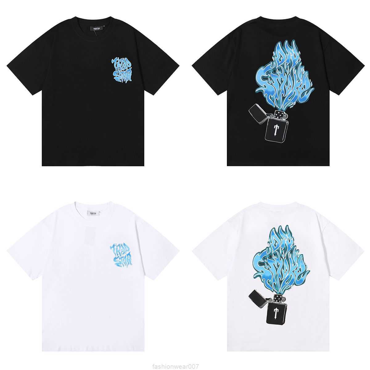 

Designer Fashion Clothing Tees Tsihrts Shirts Korean Version Niche Trendy Brand Trapstar Lighter Blue Flame Printed Pure Cotton Loose Casual Short Sleeved Tshirt f, Black