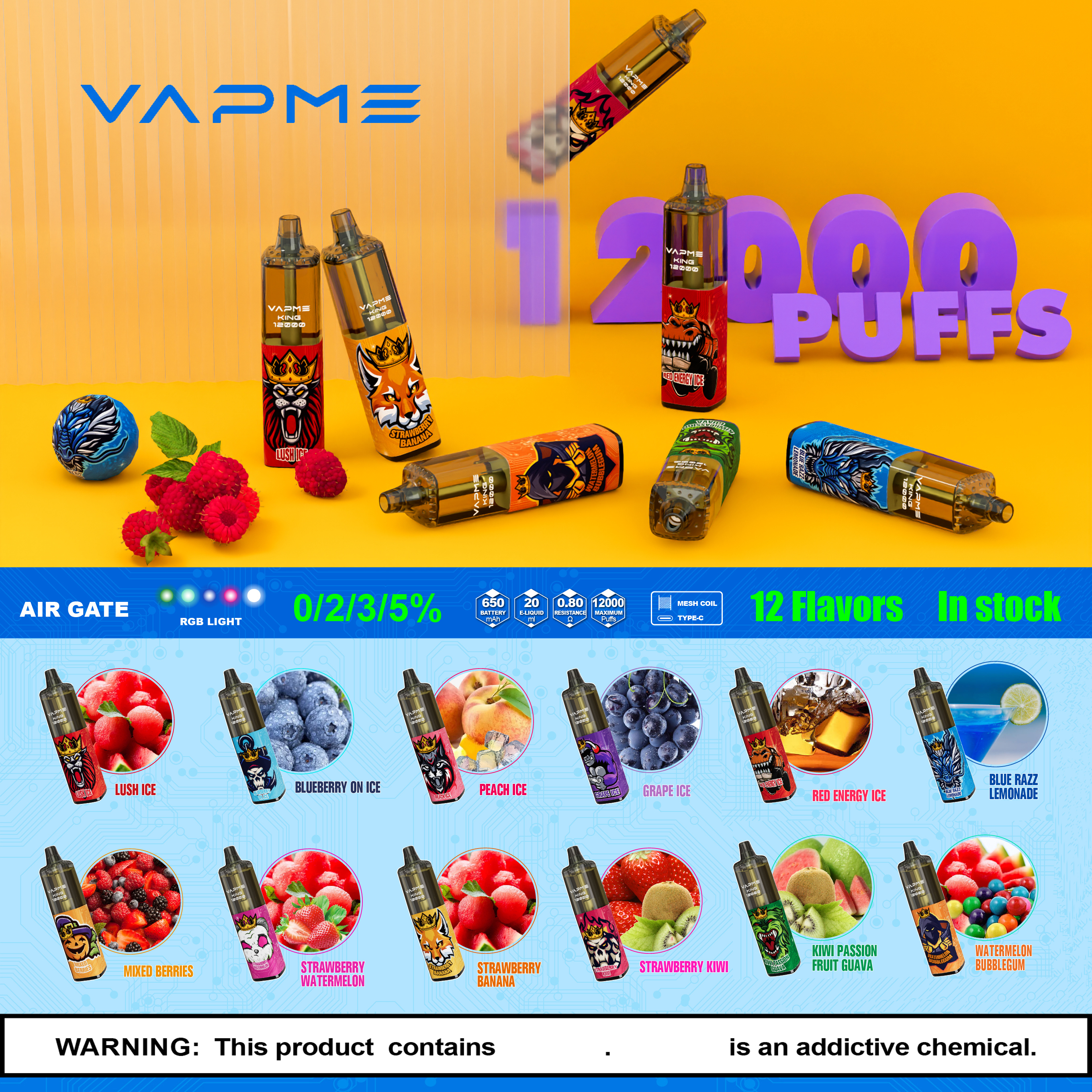 

Original VAPME(SIDIA) 12000 Puffs Disposable Vape E-Cigarettes RGB Light Rechargeable Battery 0% 2% 3% 5% 12 Flavors Optional 12K Vaporizer Big Cloud Mesh Coil VS RandM