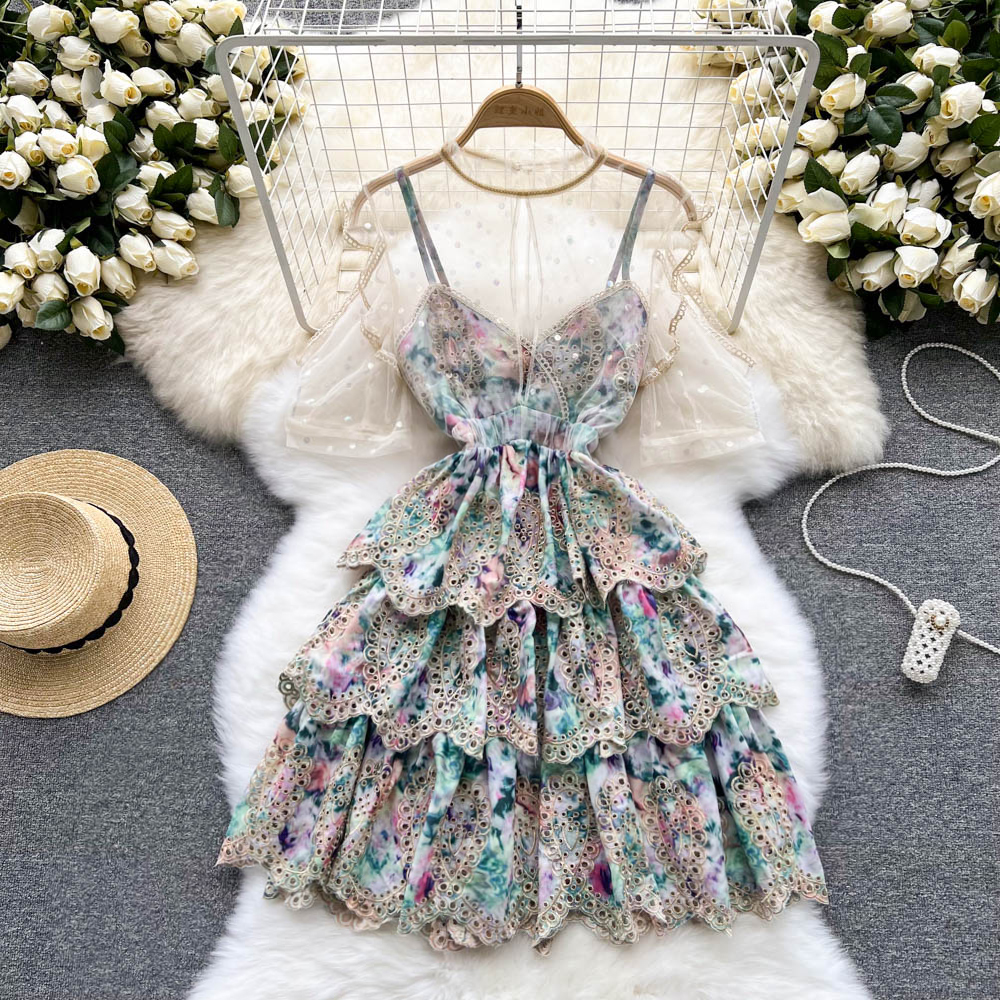 Casual Dresses 2023 Retro Mesh Off Shoulder Sleeveless Elegant Tiered Slip Dress A-line High Waist Beach Vacation Sundress Women Summer Vestidos-image-583785017