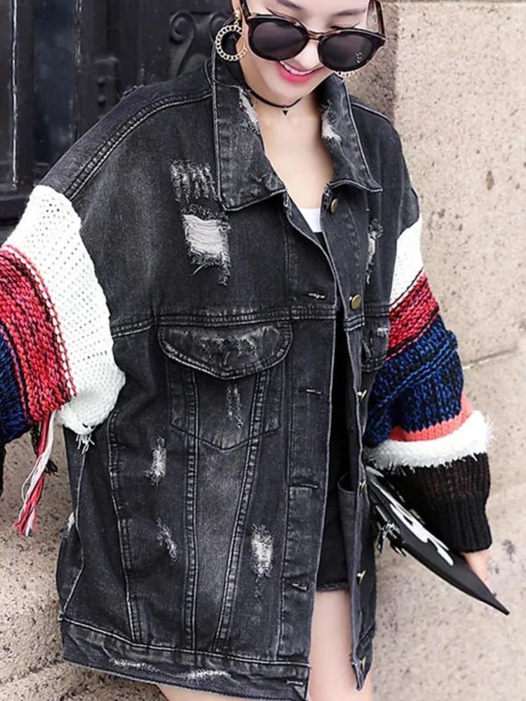 

Women' Jackets Women Knitted Sweater Stitching Cardigan Denim Jacket Female Loose Tops Student Ripped Long Sleeve Coats Spring Autumn, Black